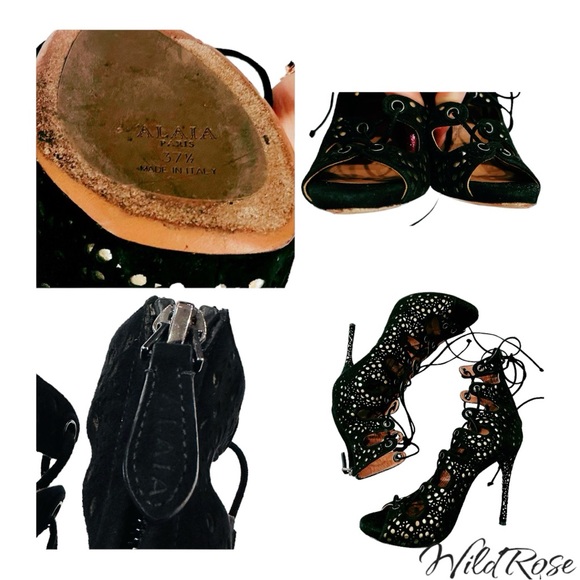 ALAIA AZZEDINE LASER CUT OUT BLACK SUEDE  GLADIATOR BOOTIE HEELS SZ 37.5 - Picture 17 of 17